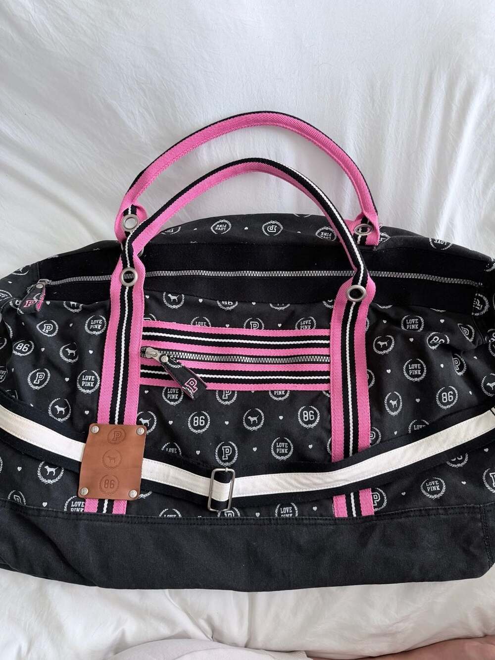 Y2K Victoria's Secret PINK Black Monogram Print Duffel Gym Bag with Pink Straps
